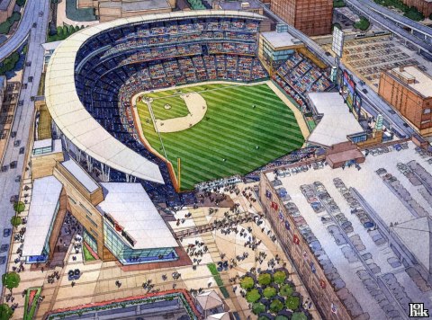 Aerial view of proposed Twins ballpark